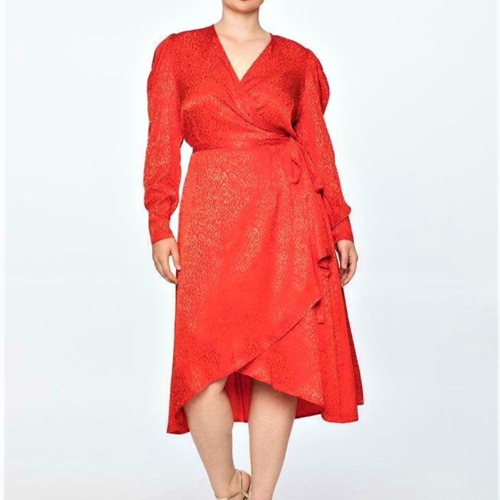 ELOQUII red Satin leopard print Puff Sleeve Wrap Dress